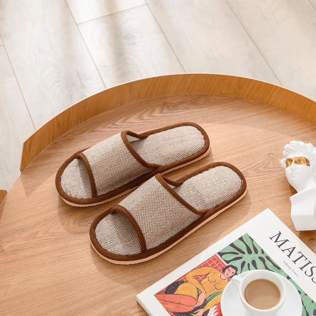 Women's open-toe linen slippers in light brown with a thickened sole.
