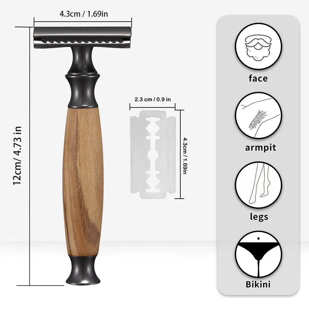 Men's copper manual shaving razor with olive wood handle and aluminium alloy components