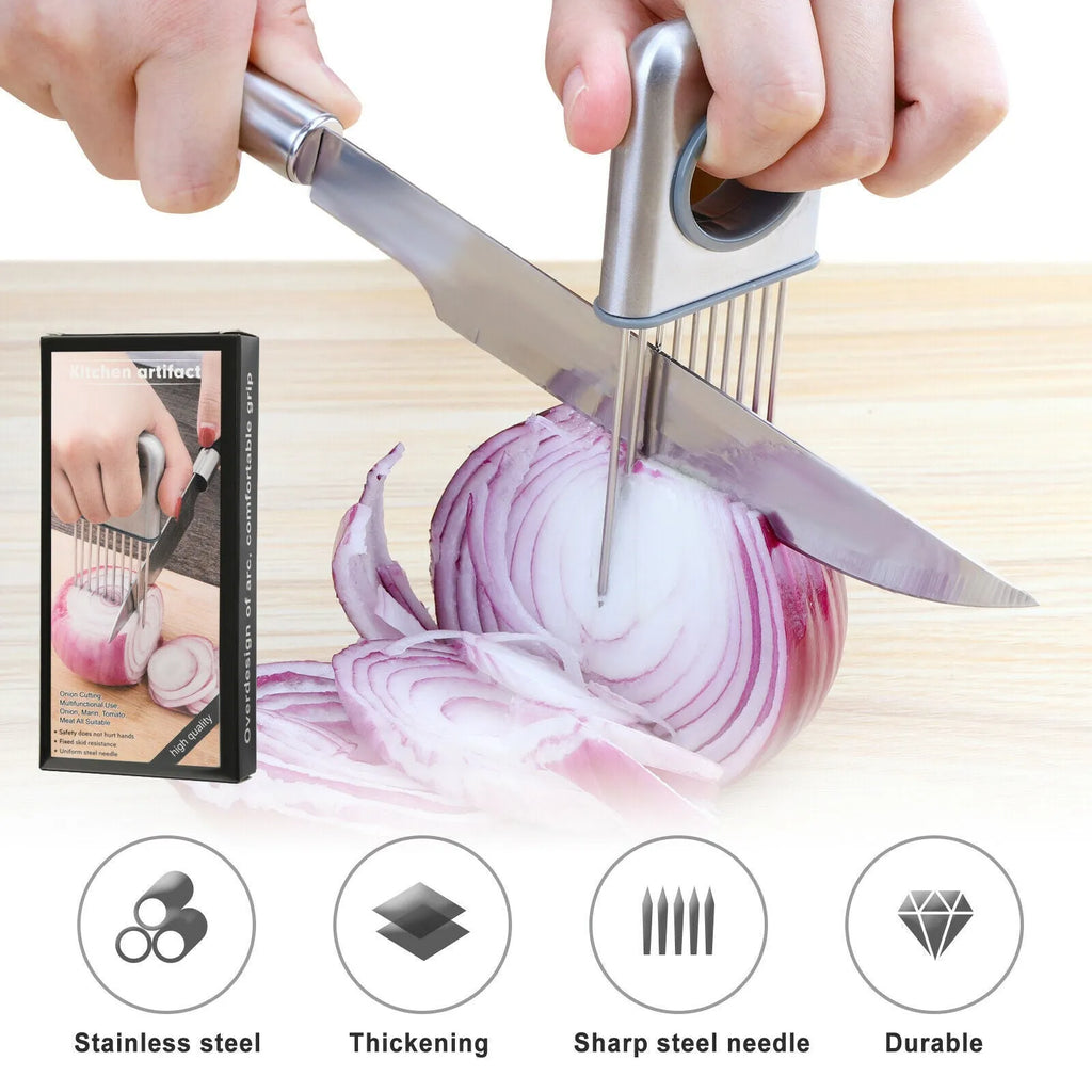 Stainless steel onion holder slicer with sharp prongs and a red finger guard on a kitchen counter.