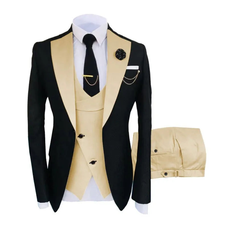 Men's slim fit three-piece business suit in cotton fabric with coat, vest, and trousers for formal occasions
