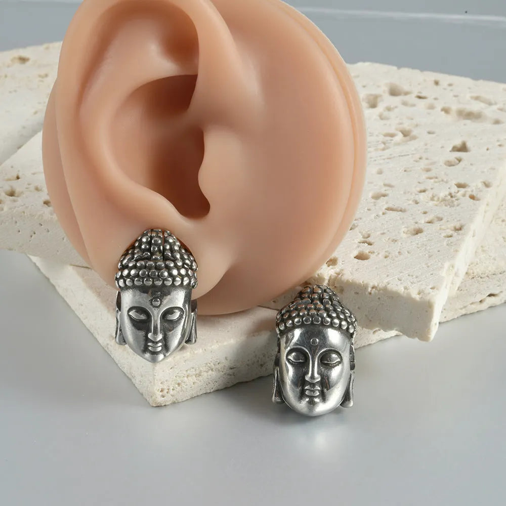 Personalised stainless steel hollow skull Buddha earrings with electroplated finish in geometric design