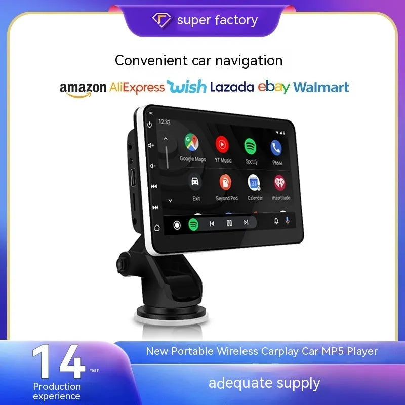 7-inch wireless CarPlay GPS navigation system with reversing camera on a car windscreen bracket.