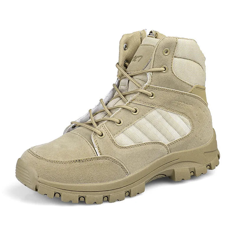 Men's black high-top hiking shoe with metal accents and PU upper on a rocky outdoor path.