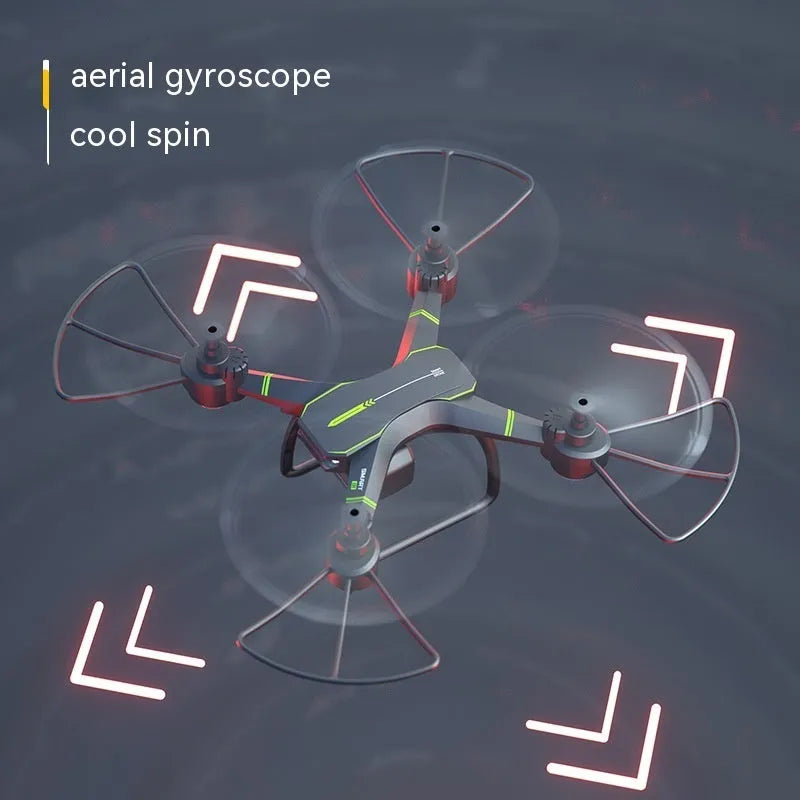 Blue remote control drone with four propeller guards, shown with its transmitter and accessories.