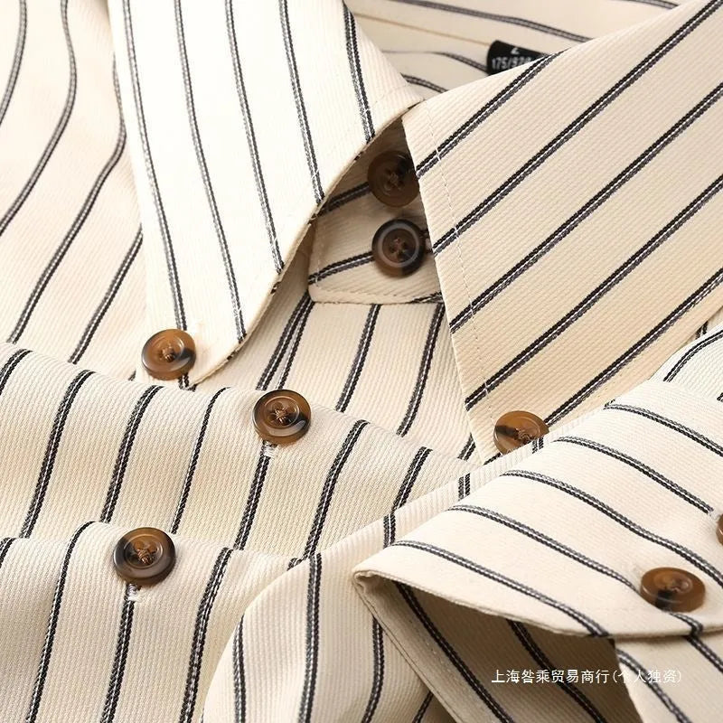 Coffee coloured striped men's long-sleeved shirt with a slim fit and wool lining on a hanger.