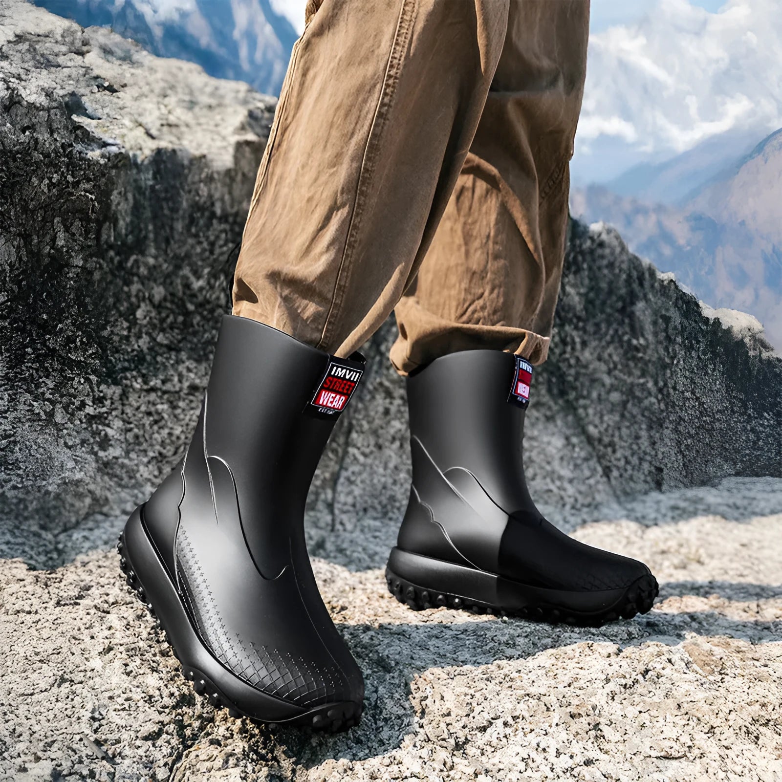 Men's mid-height PVC rain boot in beige with round toe and plastic sole.
