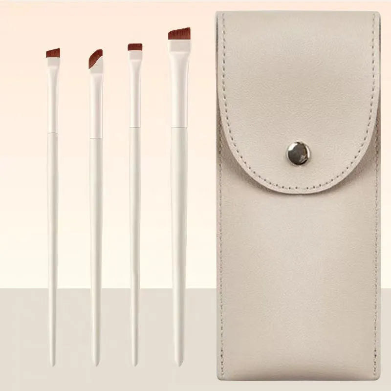 Four angled eyeliner and eyebrow brushes with ultra-thin tips in leather case