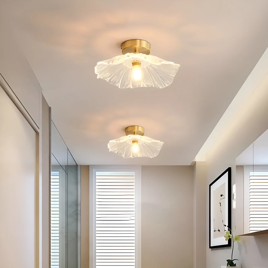 Nordic Japanese style lotus leaf shaped ceiling pendant lamp with iron frame and coloured glass shade.