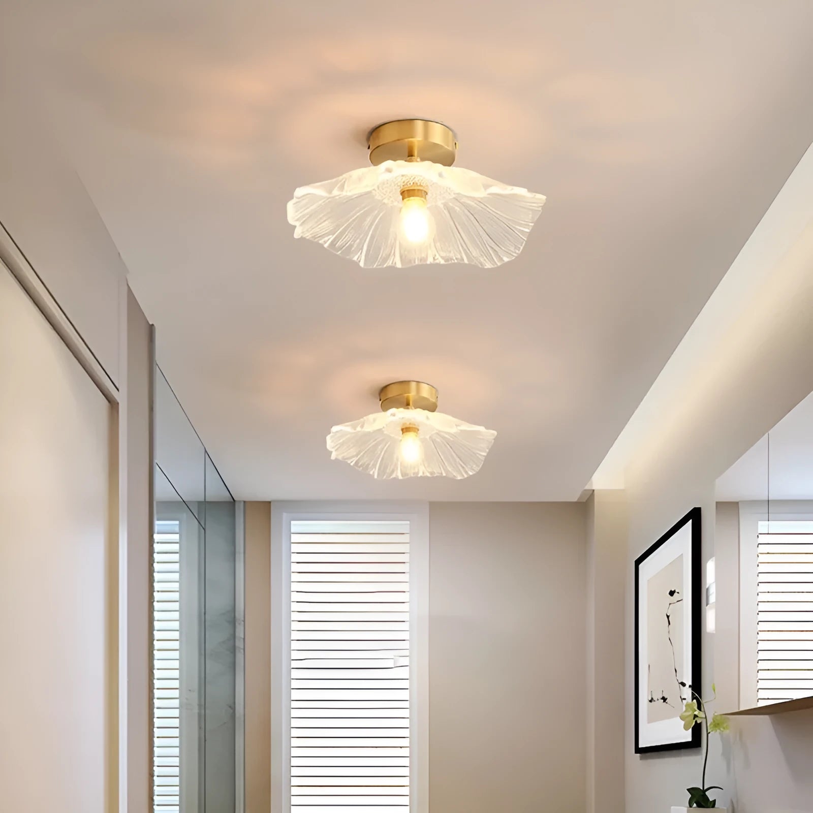 Nordic Japanese style lotus leaf shaped ceiling pendant lamp with iron frame and coloured glass shade.