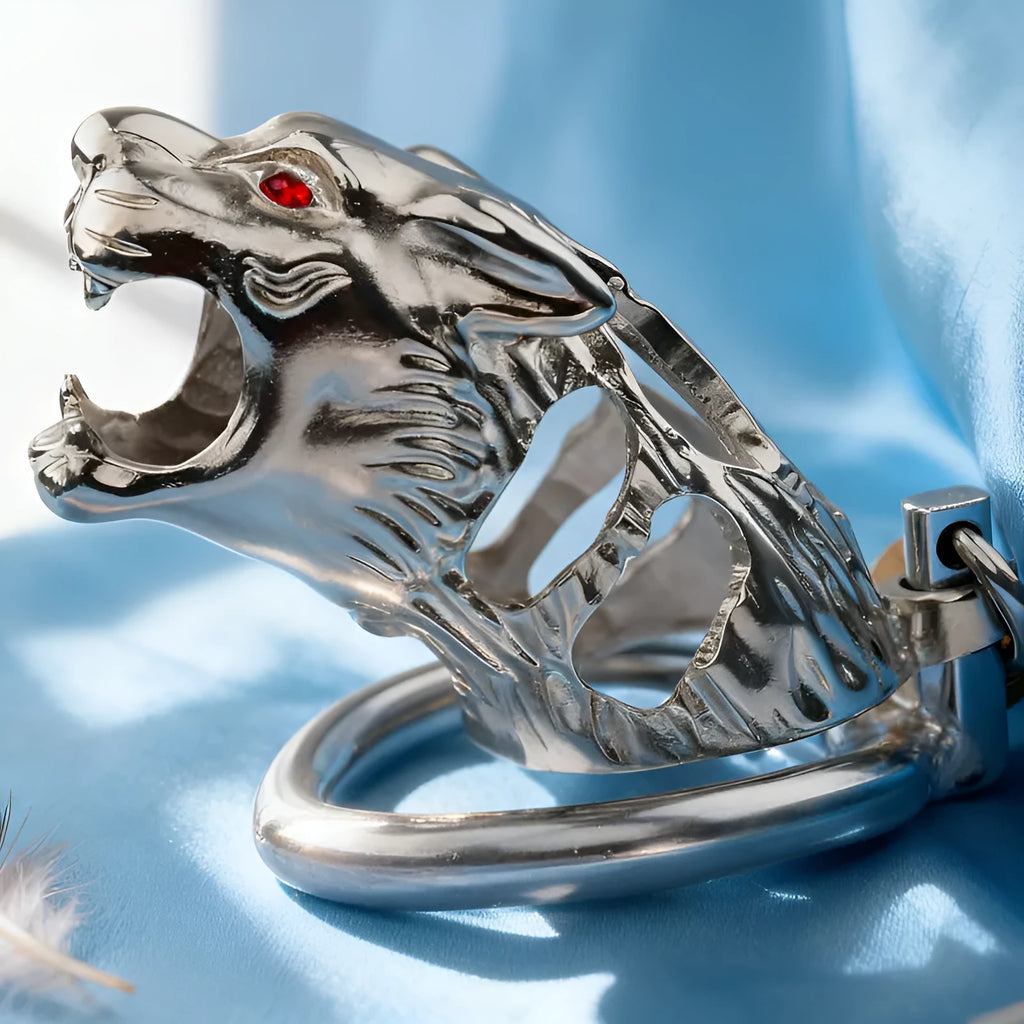 Yellow tiger head hollow stainless steel chastity lock in 40mm, 45mm, and 50mm sizes