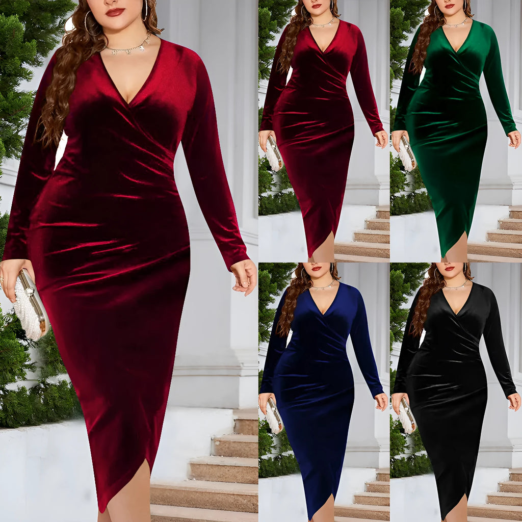 Women's red V-neck long sleeve dress on a hanger, showing classic collar and regular sleeve design.