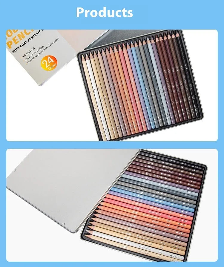 Set of 24 skin tone colour pencils in a round brush pot inside a silver iron box.