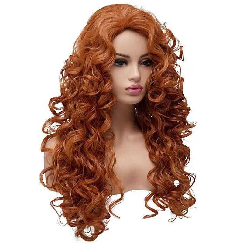 Brown long wavy curly synthetic wig with exotic style on wig head cover