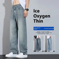 Straight-leg ice silk denim trousers with wide-leg cut in UK2560 Blue, showing zip fly placket and thin fabric for casual wear