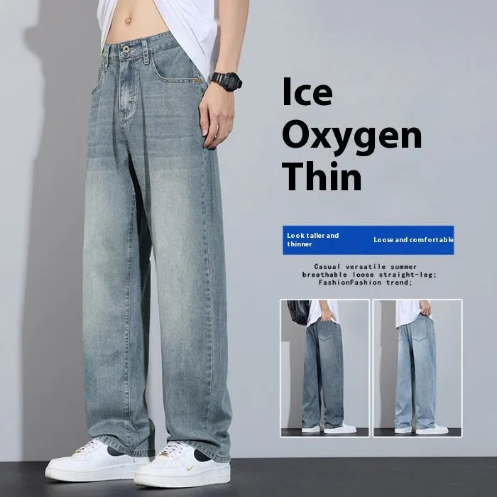 Straight-leg ice silk denim trousers with wide-leg cut in UK2560 Blue, showing zip fly placket and thin fabric for casual wear