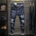 Men's slim-fitting dark blue denim jeans with micro-elasticity, showing mid-waist design and standard trousers length