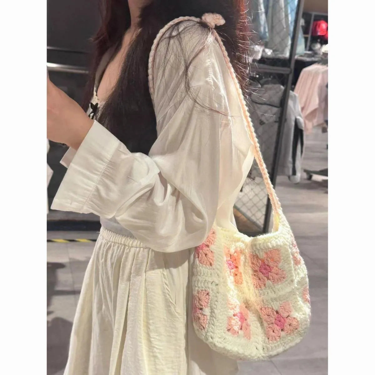 Handmade cotton crochet cherry blossom handbag with magnetic buckle closure in green or pink