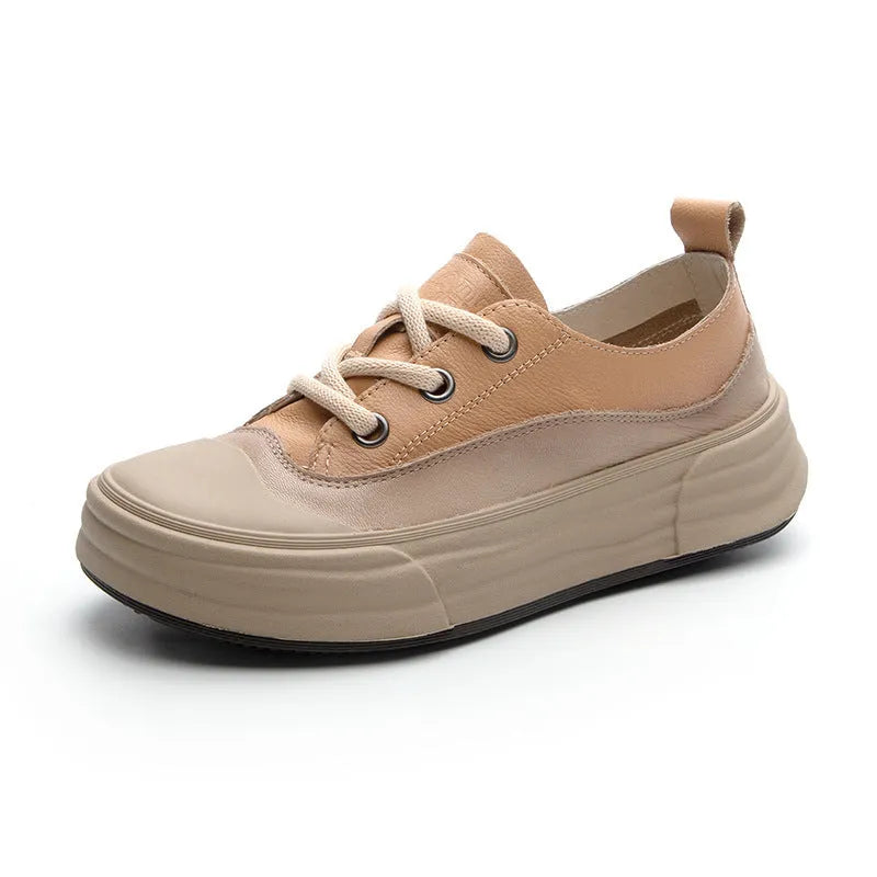 Women's matcha green leather platform sneakers with round toe and lace-up front on a white background.