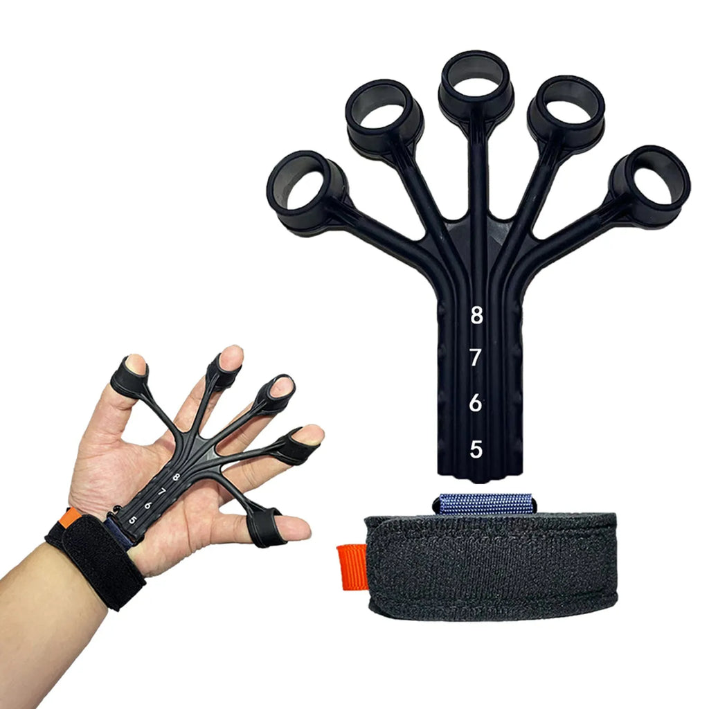 Black silicone finger trainer with adjusting belt for rehabilitation exercises