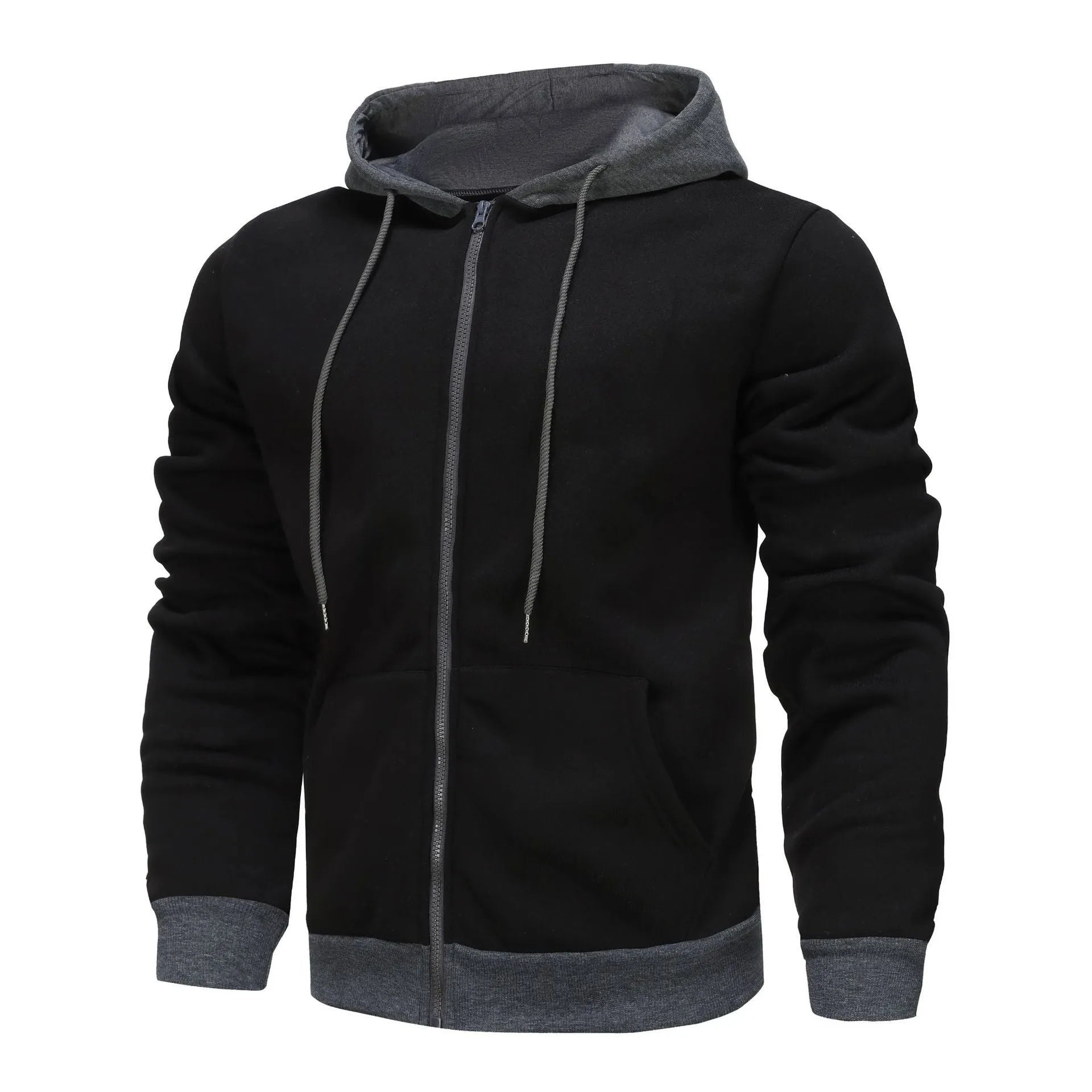 Man wearing a zip-up hoodie cardigan with a hood and patch pockets in a two-tone colour combination.