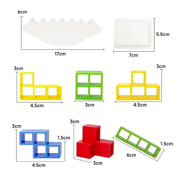 Plastic balance stacking game with 16 coloured blocks on 26.5cm square chassis for family play