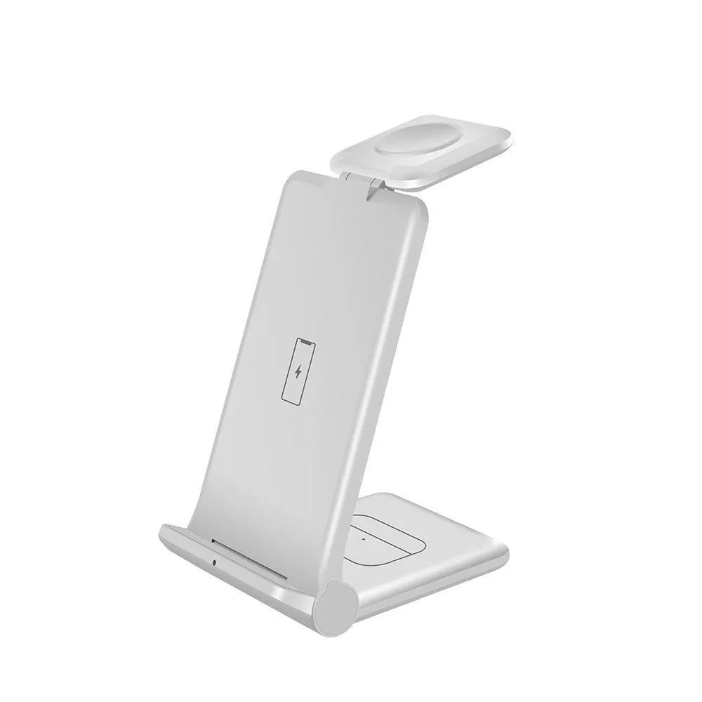 Foldable 3-in-1 wireless charger station in black or white, charging iPhone, Samsung phone, AirPods, and Apple Watch