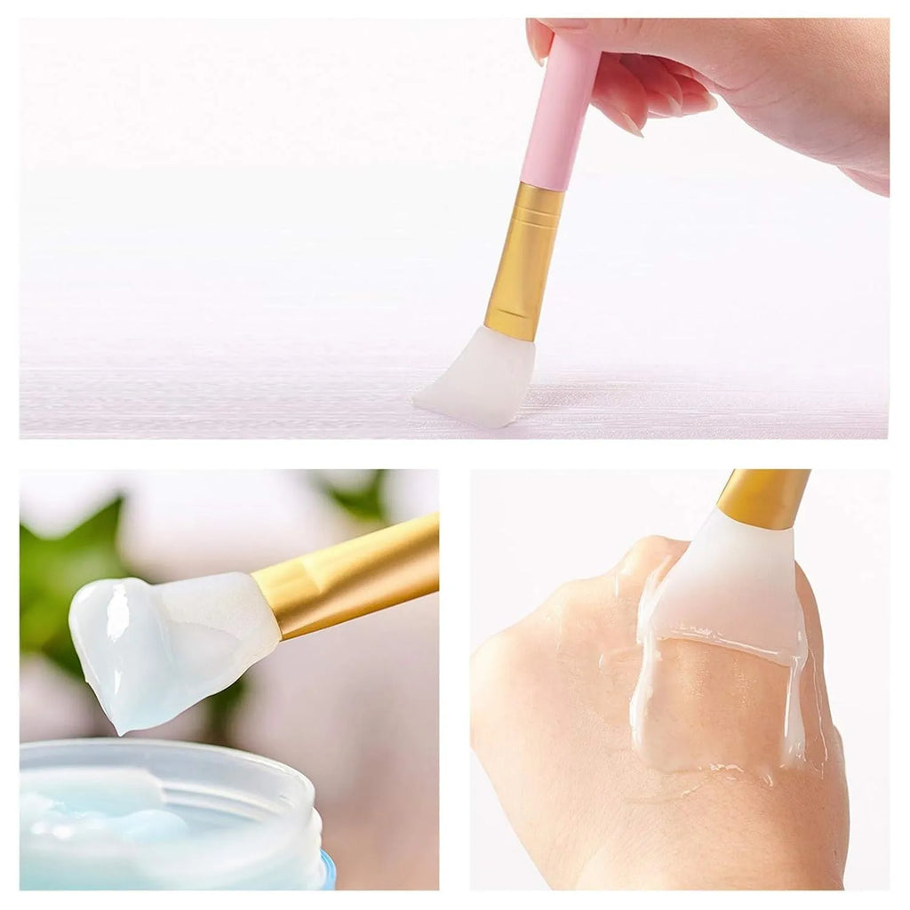 Reusable silicone spatula applicator for face and body masks in various colours on a plain background.