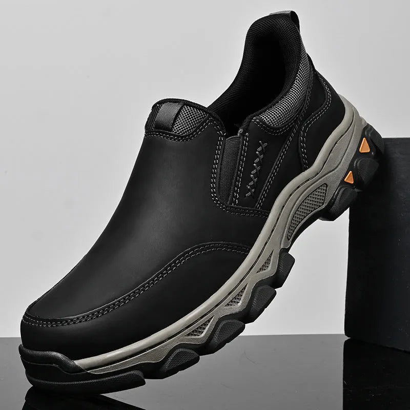 Men's dark brown casual shoes with round toe and flat rubber sole