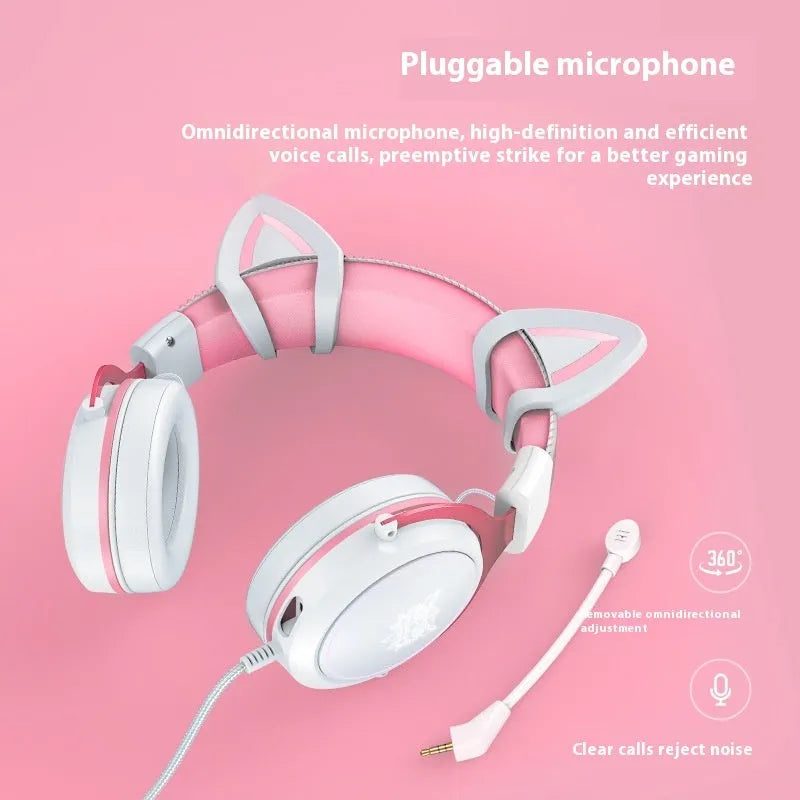 White cat ear wired gaming headset with 3.5mm plug, 50mm drivers, and 2.2m braided cable