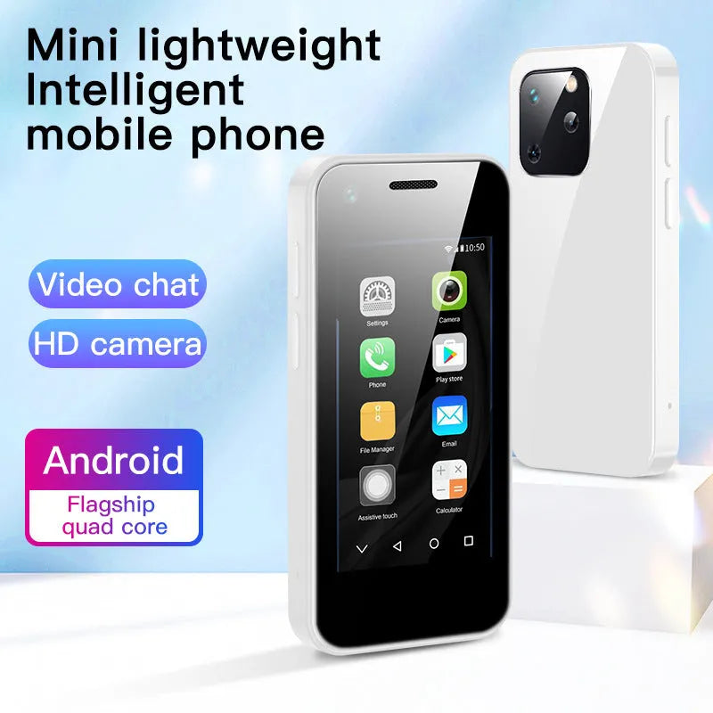 Mini Android phone in Phantom Night Black with 2.5-inch screen, compact 84mm design, and rear camera