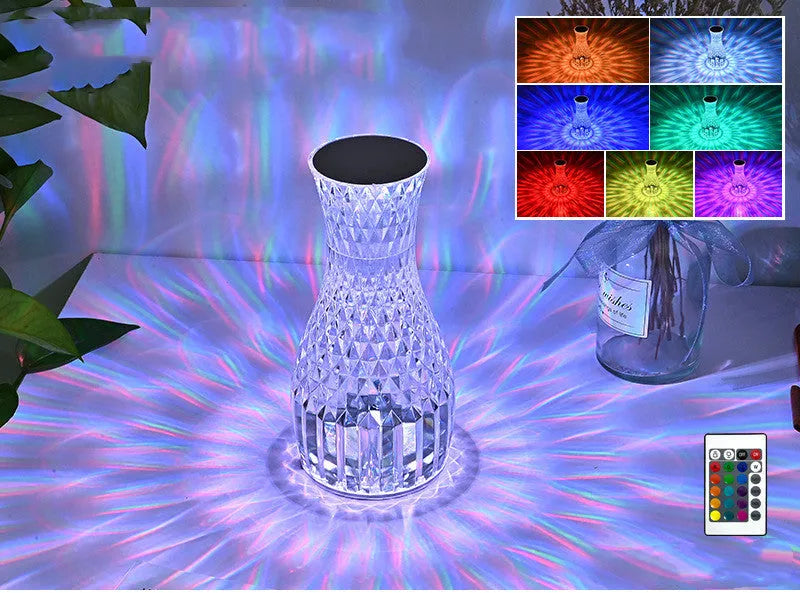 Vase-shaped crystal table lamp with remote control and USB charging port, 9cm wide by 19cm tall