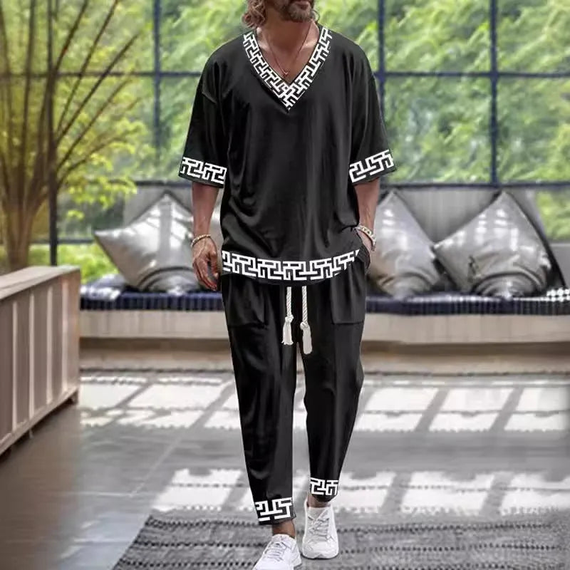 Cropped sleeves V-neck trousers suit in thin polyester fabric with size range S to 6XL