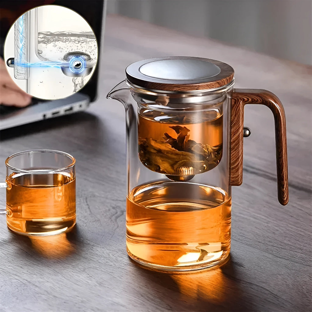 Glass teapot with wooden handle showing magnetic tea separation system and Chinese style design