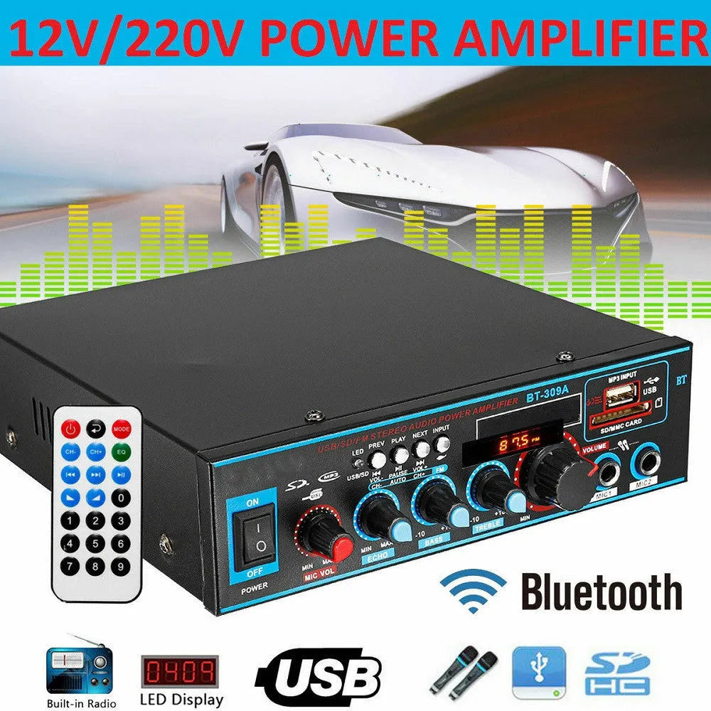 Black dual-purpose power amplifier with wire clamp connections, remote control, measuring 20x19.6x5.8cm
