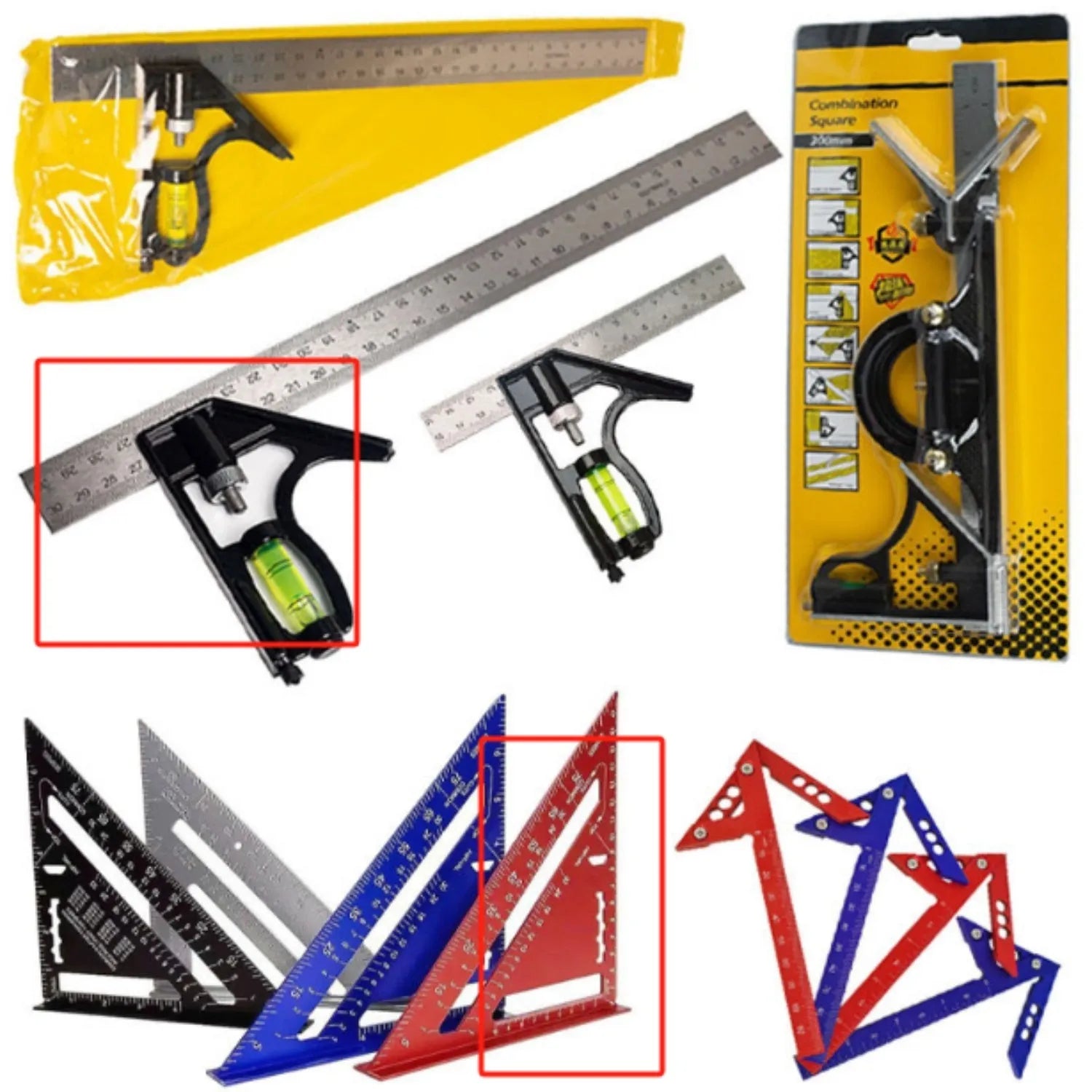 Red thin 7-inch metal combination angle ruler with metric scales on both sides, in a transparent bag