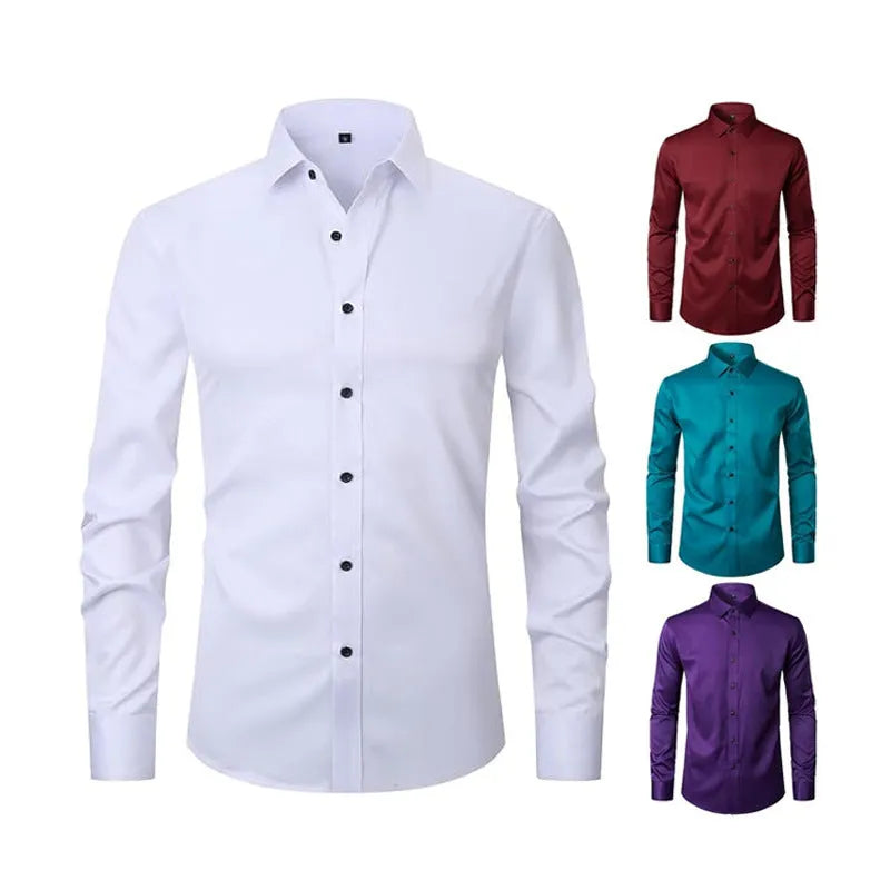Men's stretch long sleeve work shirt in polyester fabric, showing size range and colour styles like 2-706