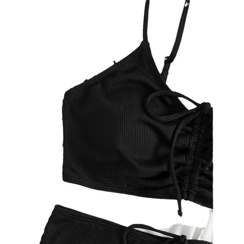 Black women's high waist bikini swimsuit with sling split design showing front view