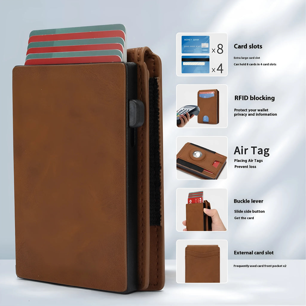 Slim synthetic leather men's card holder wallet in black, dark brown, and light brown colours.