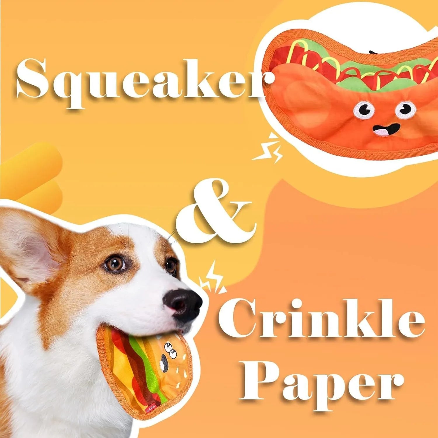 Set of four colourful fast-food shaped dog toys: hamburger, fries, hot dog, and pizza, featuring crinkle and squeak sounds.