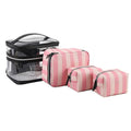 Pink bold stripes floral pattern folding makeup kit with three compartments open showing nylon lining