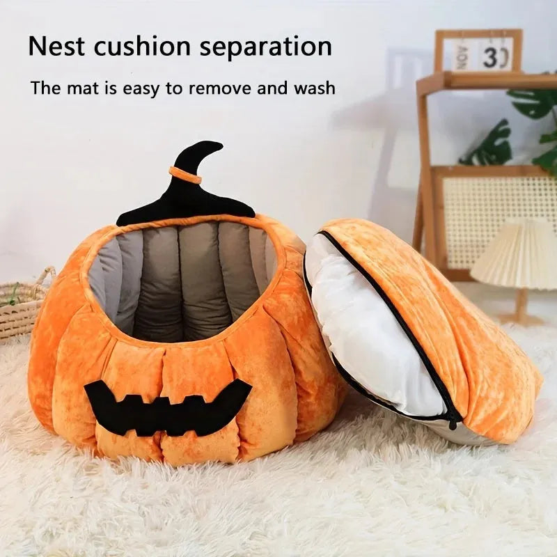 Halloween-themed cat bed with cartoon devil pumpkin design in soft plush material for small pets