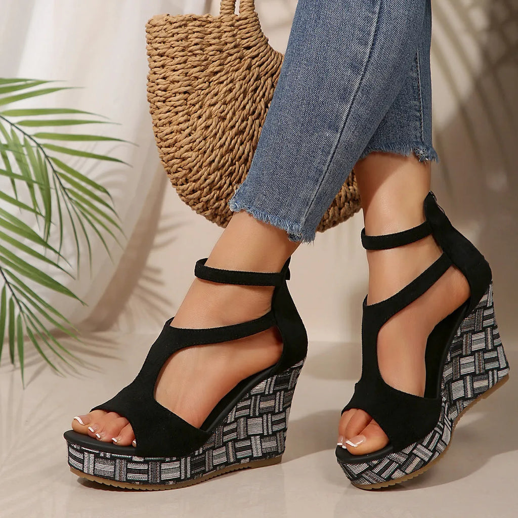 Women's thick-soled ankle-strap slope sandals with buckle closure and hemp-patterned rubber sole