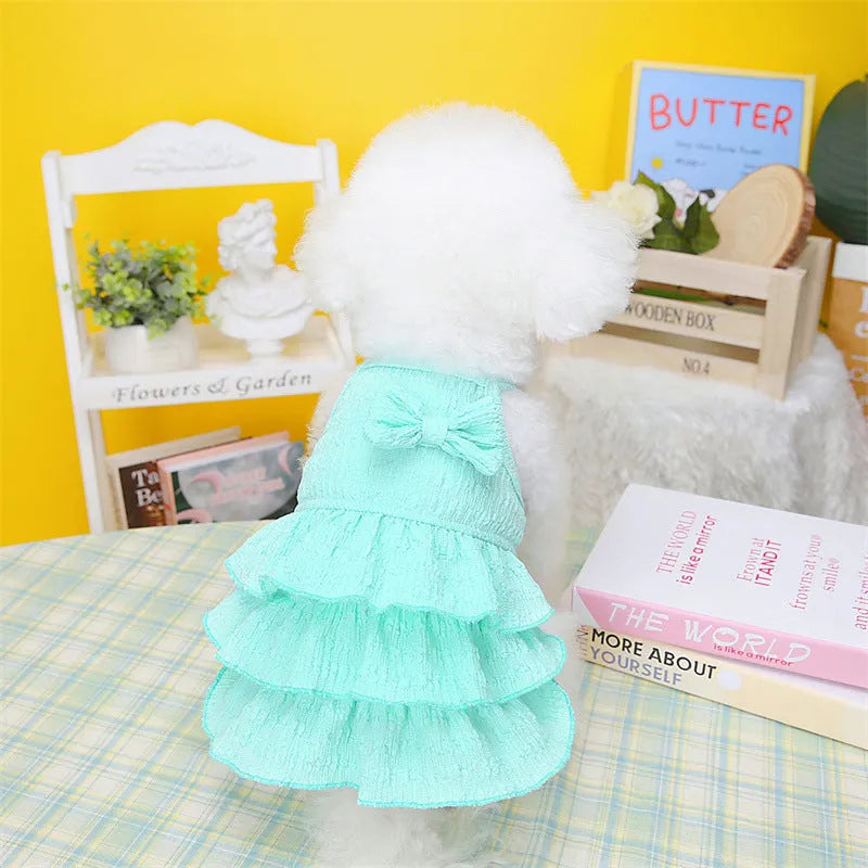 Polyester princess dress for small dogs with layered skirt and hair candy details in rose red colour