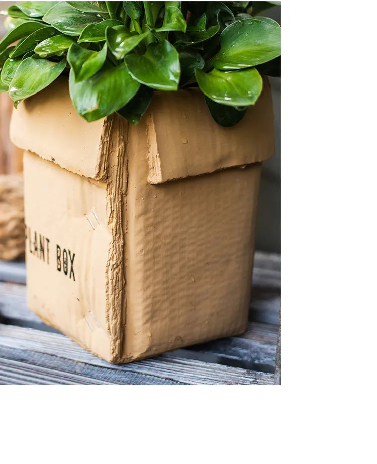 Cement brown paper box flowerpot with Nordic style design and bottom drainage holes for indoor planting