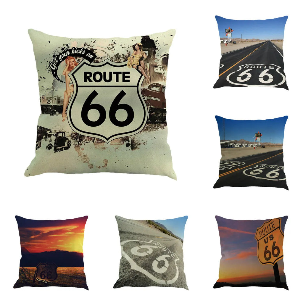 Us Route 66 linen-cotton blend cushion cover with landscape pattern, 45cm square dimensions, European style design