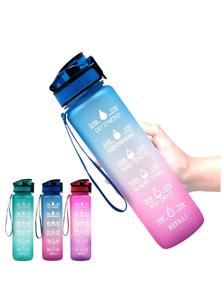Clear 1000ml Tritan sports water bottle with blue lid and infuser inside, showing measurements.