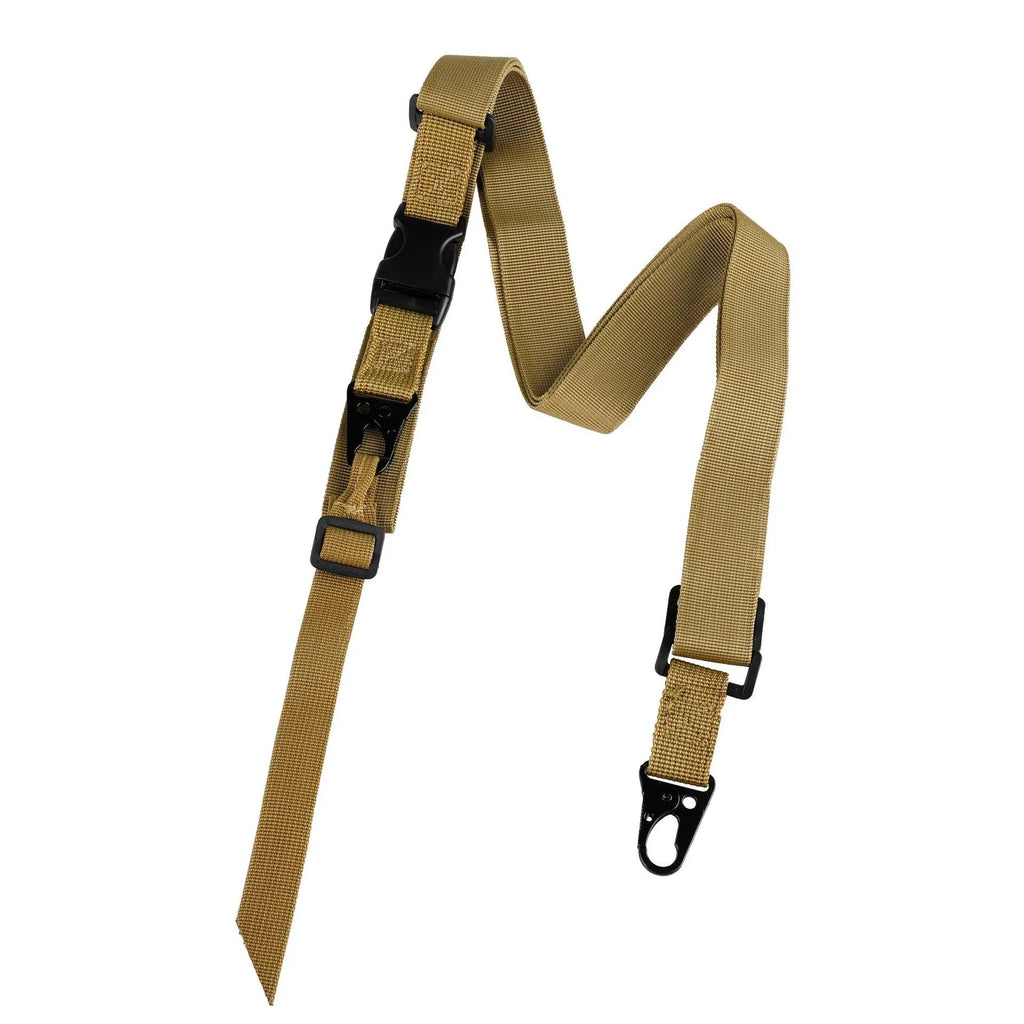 Adjustable crossbody nylon sling strap with alloy buckle in black, army green, or khaki colour.