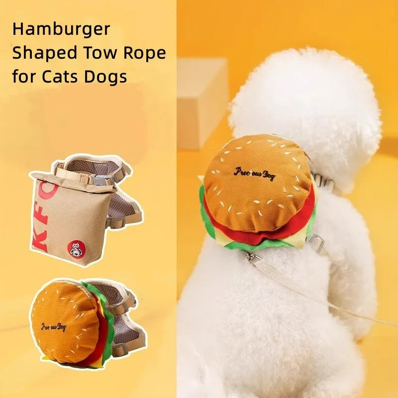 Cartoon hamburger print adjustable vest leash for a dog, showing the escape-proof design and walking rope.