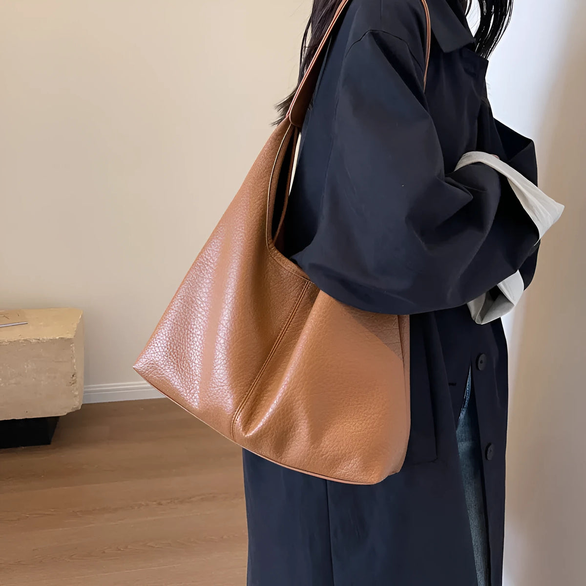 2Pcs women's soft PU shoulder bag set with small wallet in beige, horizontal square shape, daily matching handbag