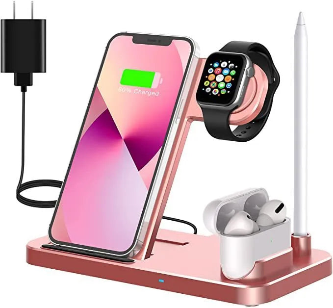 Folding 4-in-1 wireless charger in black, showing vertical stand and charging pads for Apple devices